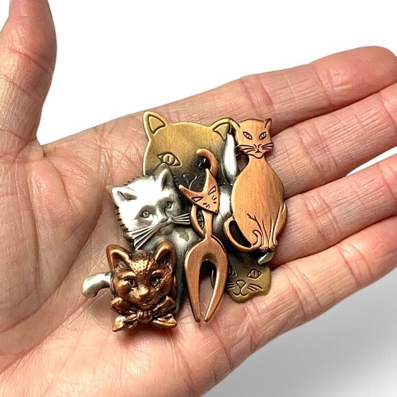 Vintage K&T Six Cats Brooch Mixed Metals Copper, Gold & Pewter Finish 2" - Picture 4 of 6
